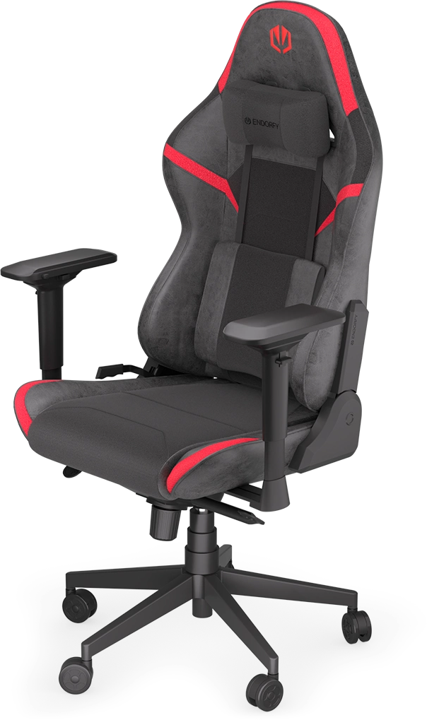 Egy fekete-piros gamer szék fekete alapon.