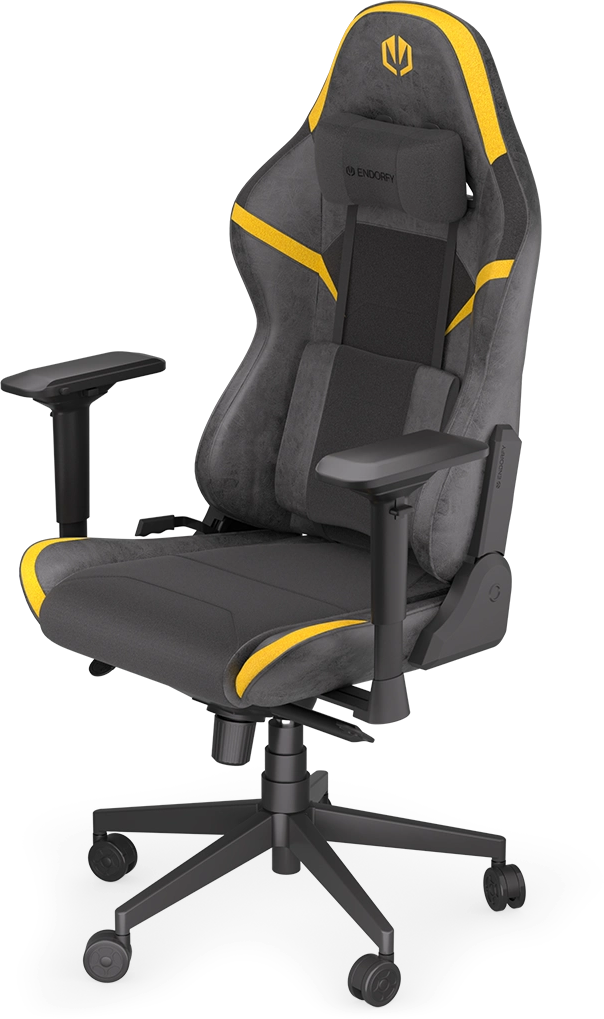 Szürke és fekete gamer szék sárga díszítéssel.