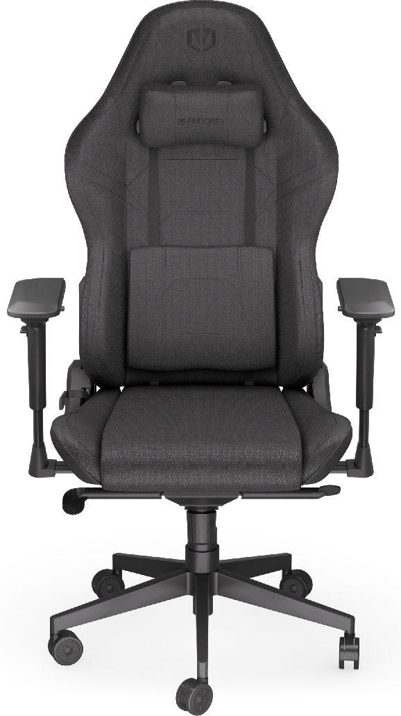 Gaming szék. Fekete szürke részletekkel, fejtámlával és kartámaszokkal. Fekete alap kerekekkel.