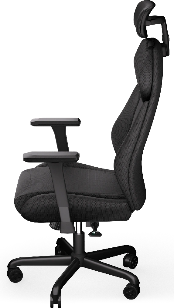 Fekete ergonomikus irodai szék, oldalsó nézetben. Fejtámlával, kartámaszokkal és kerekekkel.