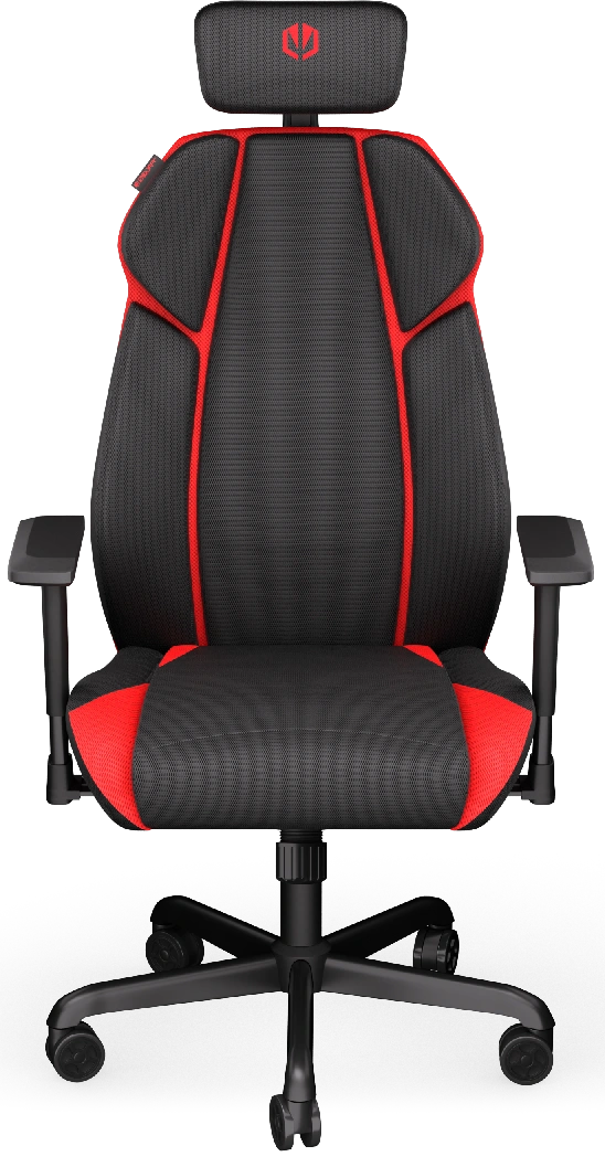 Fekete és piros gamer szék. Fejtámlával, háttámlával és kartámaszokkal rendelkezik. Kerekek az alapon.