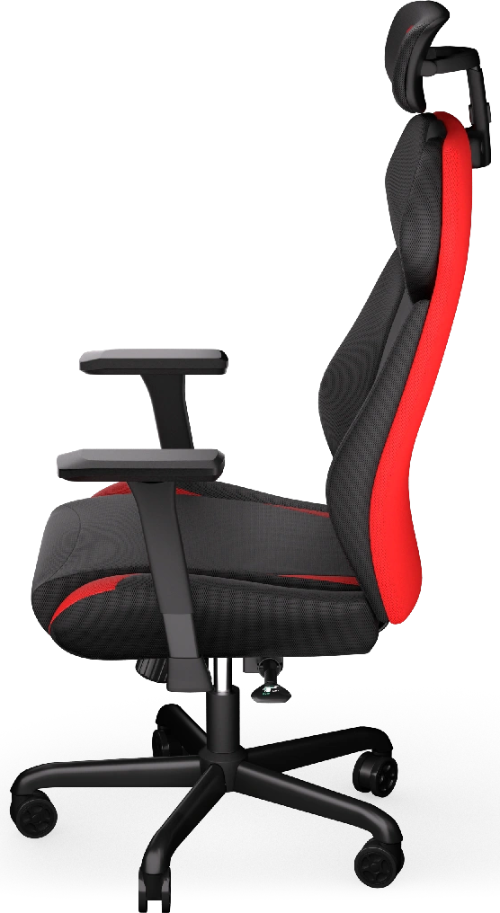 Fekete gaming szék, piros elemekkel. Oldalnézet, fejtámla, kartámaszok és talp. Fekete háttér.