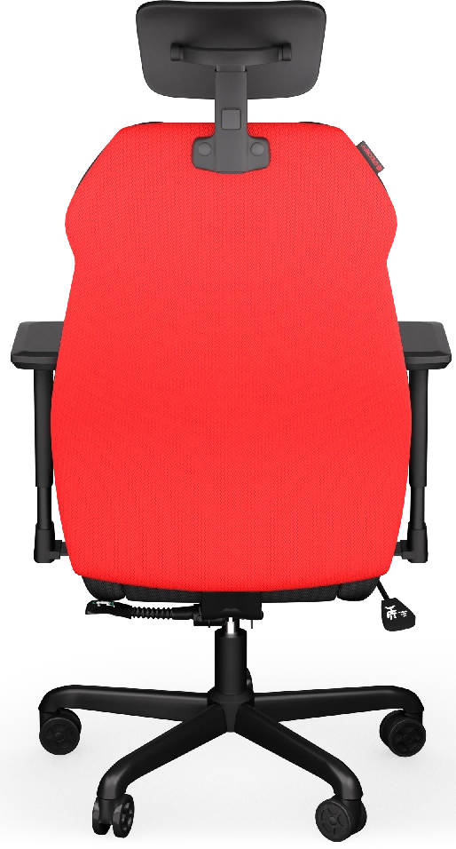 Ergonomikus piros irodai szék fekete kerettel és fejtámlával.