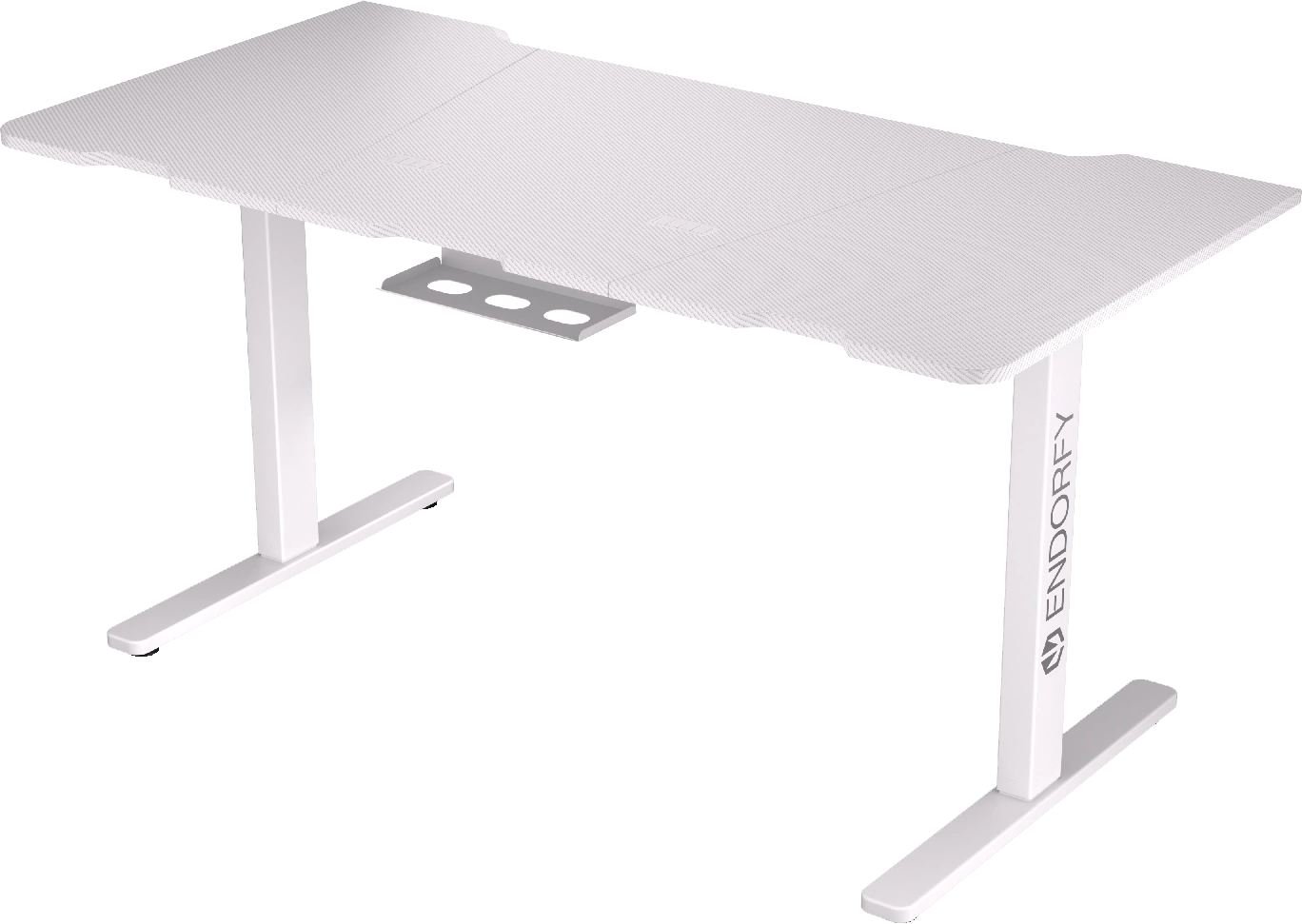 Fehér gamer asztal ívelt élekkel, két lábbal és kábeltálcával. Fekete háttér.