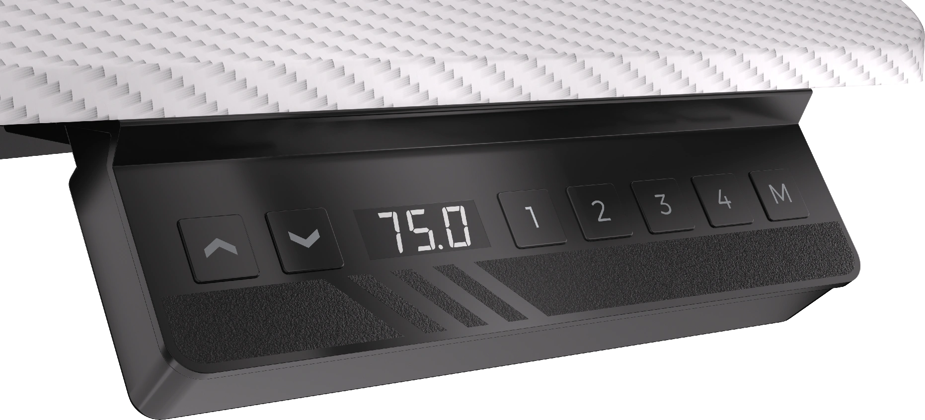 Egy íróasztal vezérlőpaneljének közeli képe magasság beállító gombokkal és egy 75,0-t mutató digitális kijelzővel.