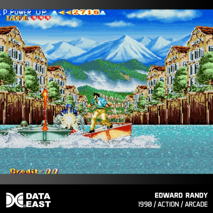 Arcade-Game-Screenshot. Mann auf Boot, schießt in malerischer, farbenfroher Umgebung.