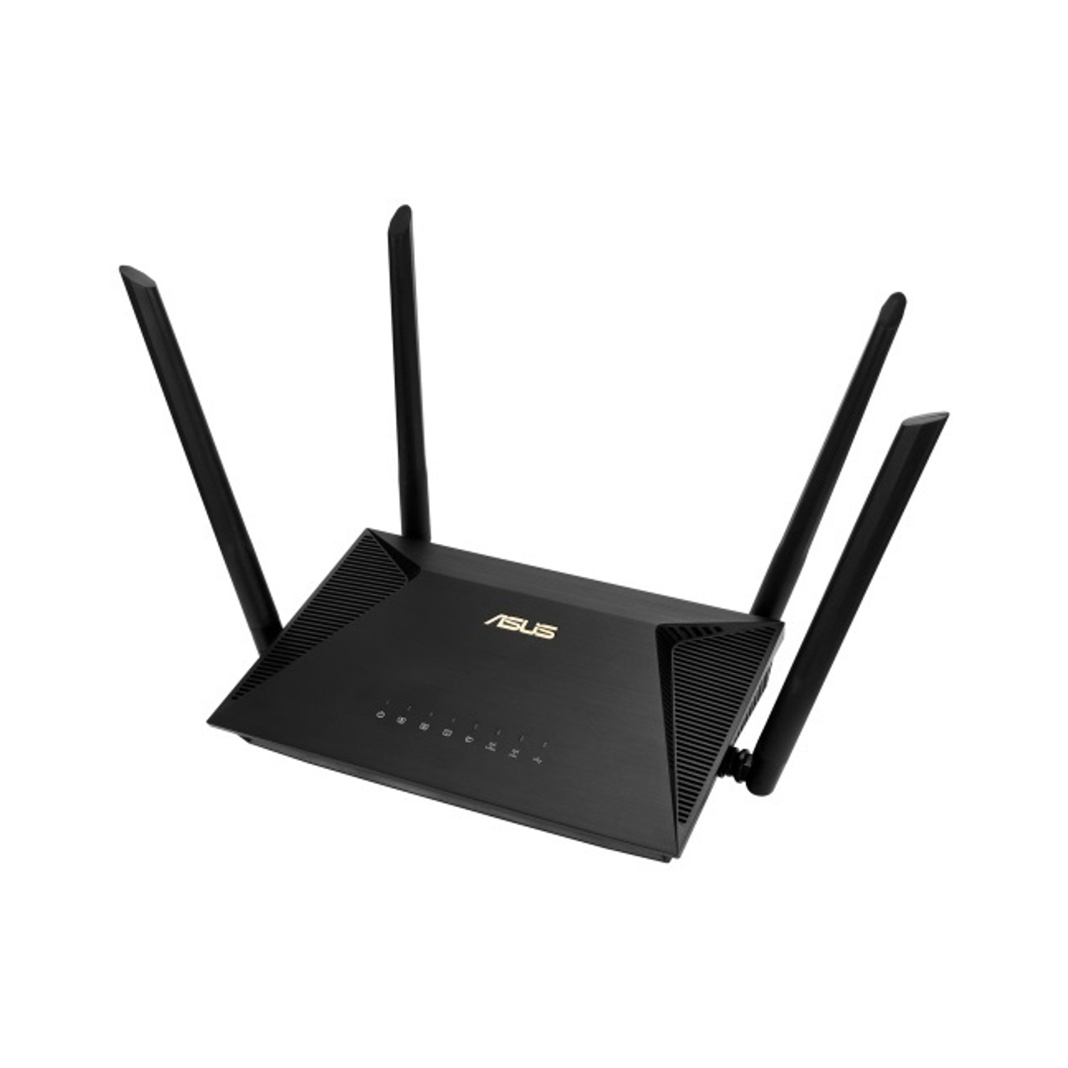Router Asus nero con quattro antenne. Il logo ASUS è al centro, con diverse luci.