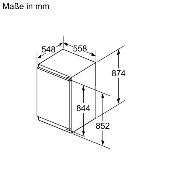 Diagramm eines Kühlschranks mit in Millimetern beschrifteten Abmessungen.