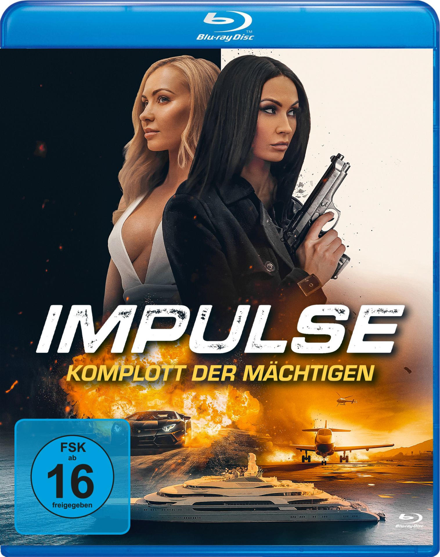 Filmcover von 'Impulse', zwei Frauen, eine mit einer Waffe, ein Auto und ein Flugzeug auf dem Cover.