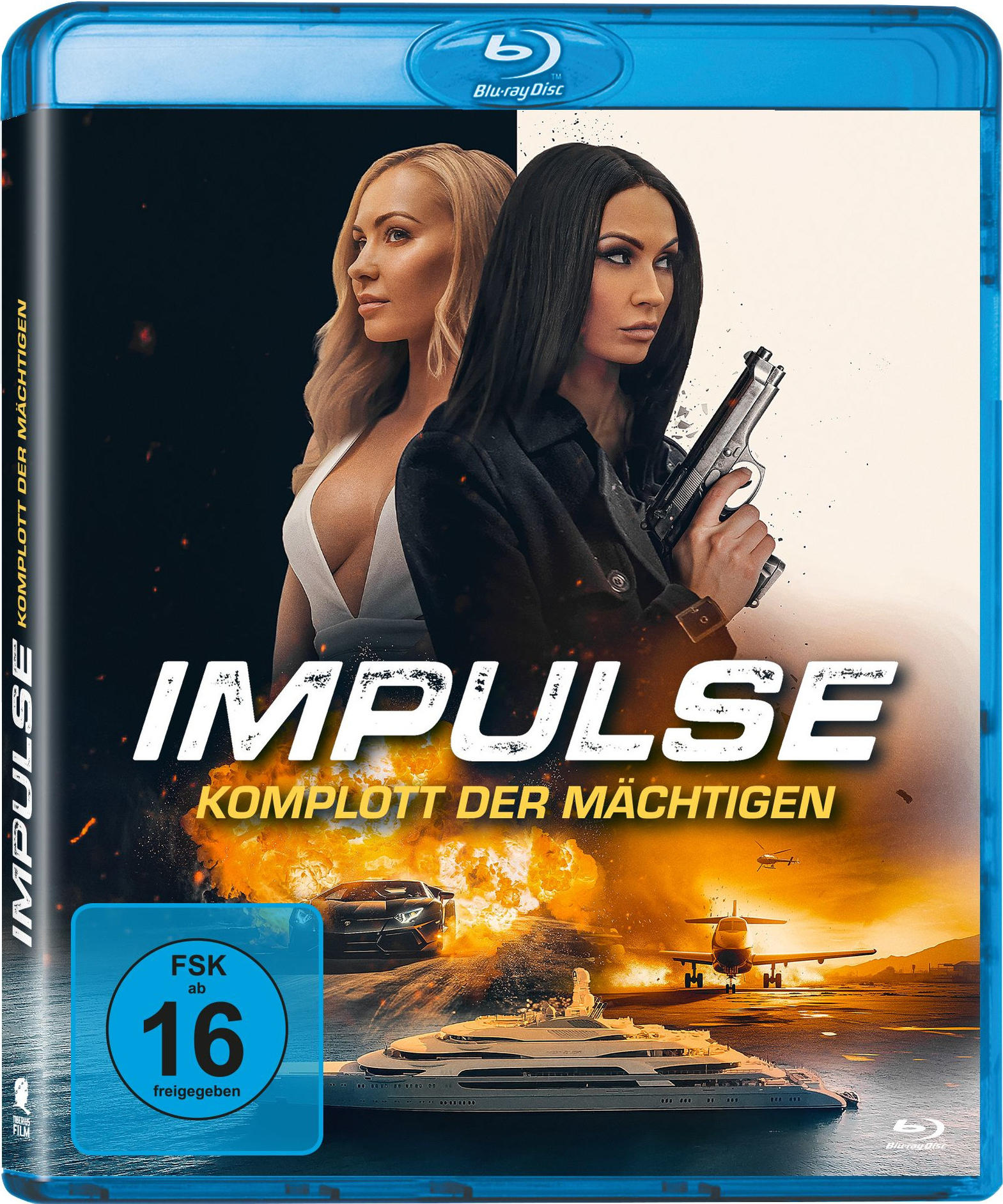 Ein DVD-Cover mit zwei Frauen, eine hält eine Waffe, und ein explodierendes Auto im Hintergrund.