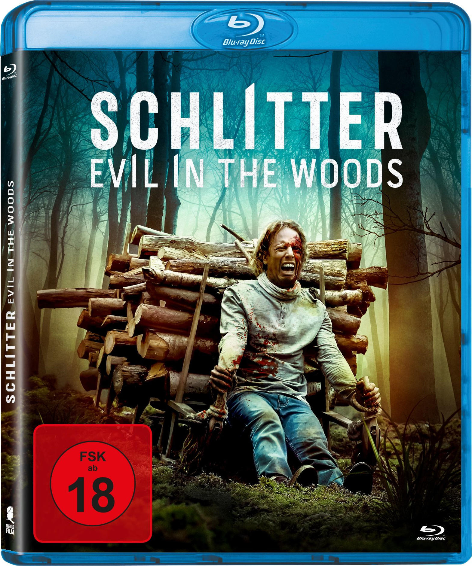 Blu-ray-Cover des Films 'Schlitter' mit einem Mann, der an einer Holzkonstruktion gefesselt ist.