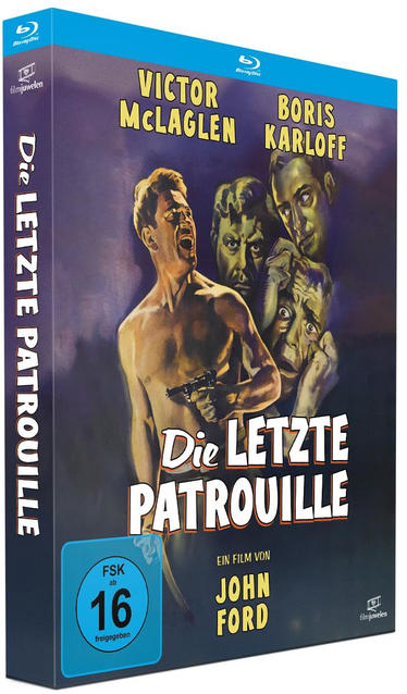 Filmcover, Schwarz-Weiß-Bild von Männern, Titel 'Die Letzte Patrouille'.