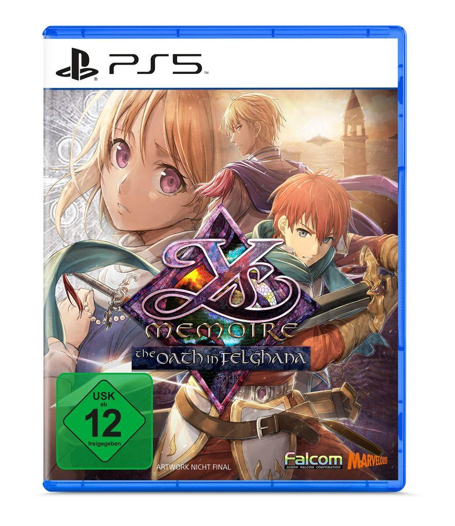 Videospiel-Cover: Anime-Kunst. Charaktere sind abgebildet, der Titel lautet 'YS: MEMOIRE'. Blaue Spielhülle.