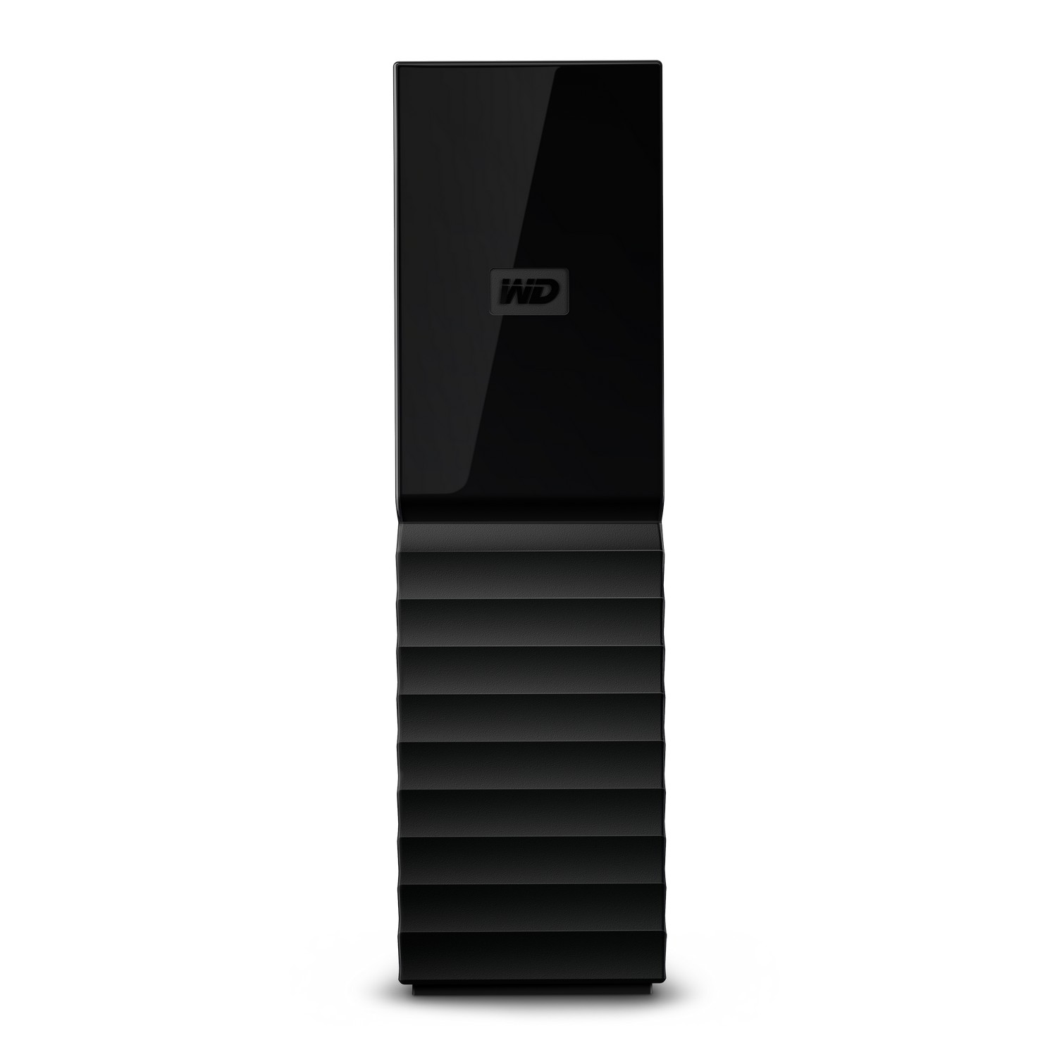 Un disco duro negro. Tiene un diseño elegante y acanalado en la parte delantera y el logotipo de WD en la parte superior.