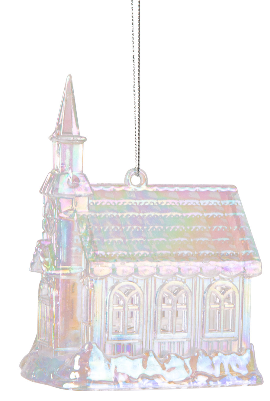 FAMILY CHRISTMAS Karácsonyi dísz, irizáló, akril templom, 75x100x60 mm (58516)