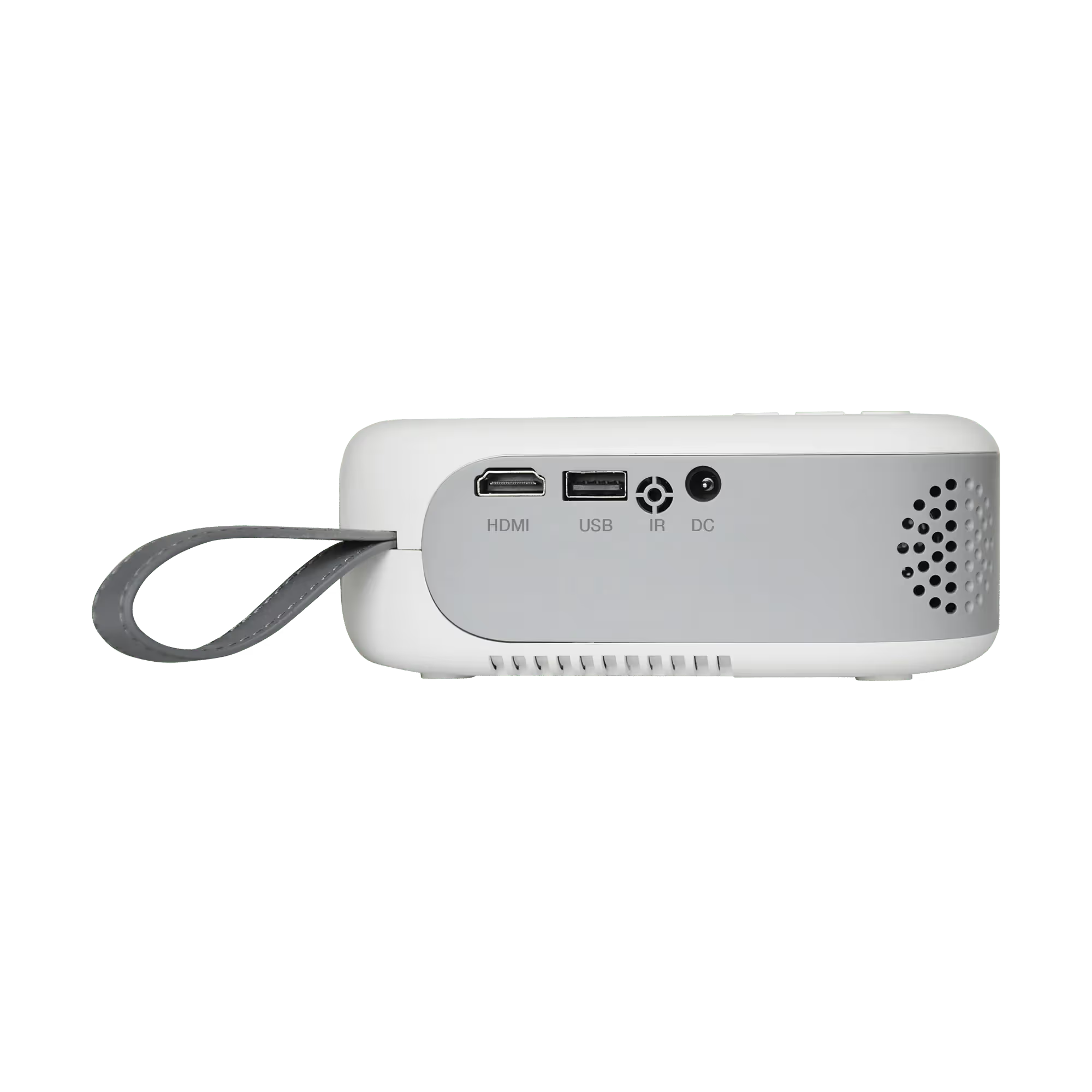 Ein weißer Projektor mit grauem Griff, mit HDMI-, USB-, IR- und DC-Anschlüssen an der Seite. Schwarzer Hintergrund.