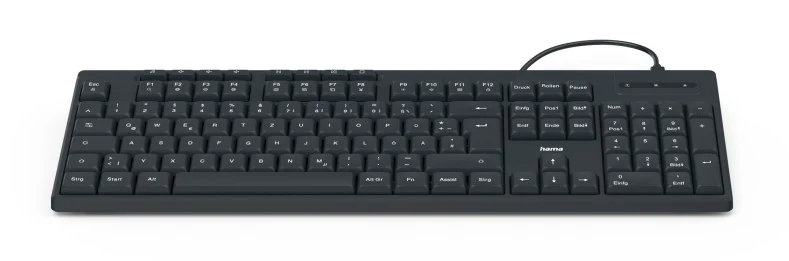 Czarna klawiatura z białymi klawiszami. Ma klawiaturę numeryczną i przewód.