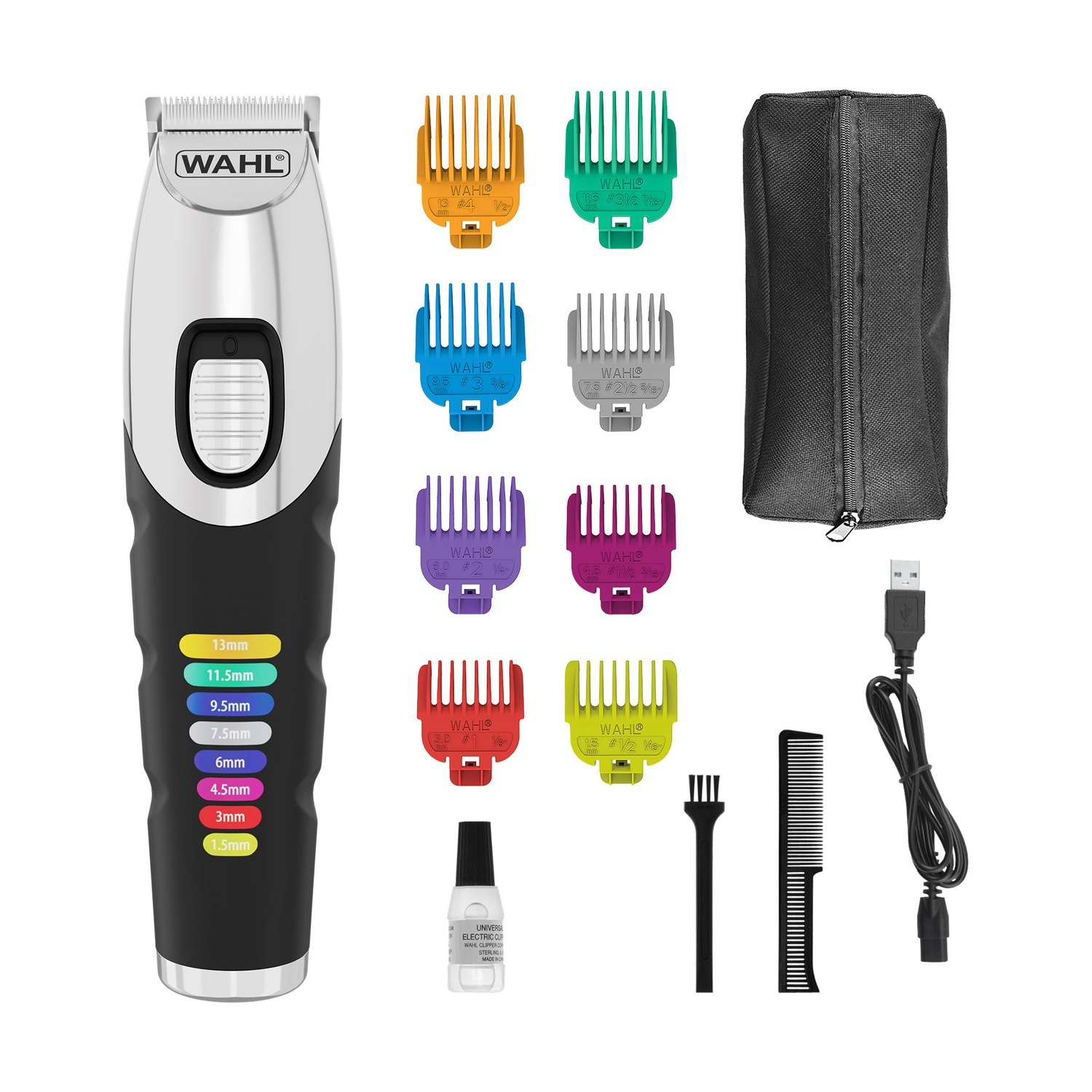 Un kit tagliacapelli Wahl, con tagliacapelli, protezioni e accessori.