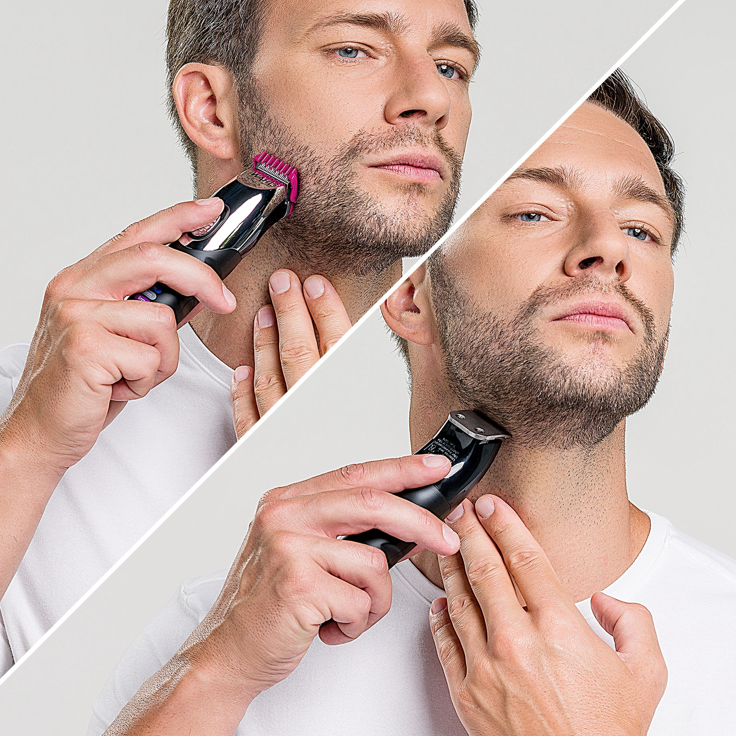 Uomo si rade con un trimmer. Primo piano del viso e del collo. Vengono mostrate due angolazioni diverse.