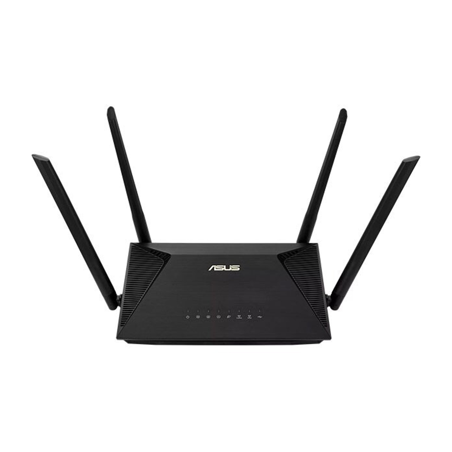 Router Asus nero con 4 antenne, luci multiple frontali.