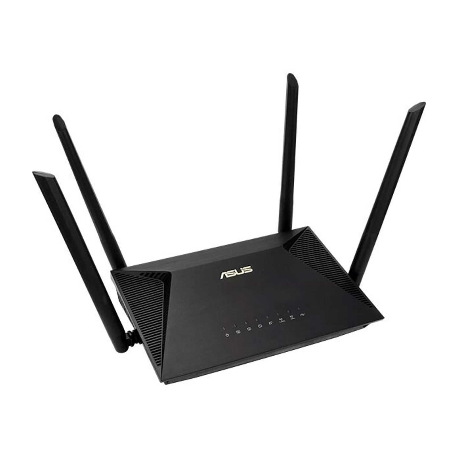 Router ASUS nero con quattro antenne su sfondo bianco.