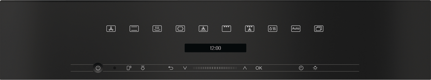 Ein schwarzes Bedienfeld mit verschiedenen Symbolen und einer Anzeige mit 12:00 Uhr. Weißer Hintergrund.