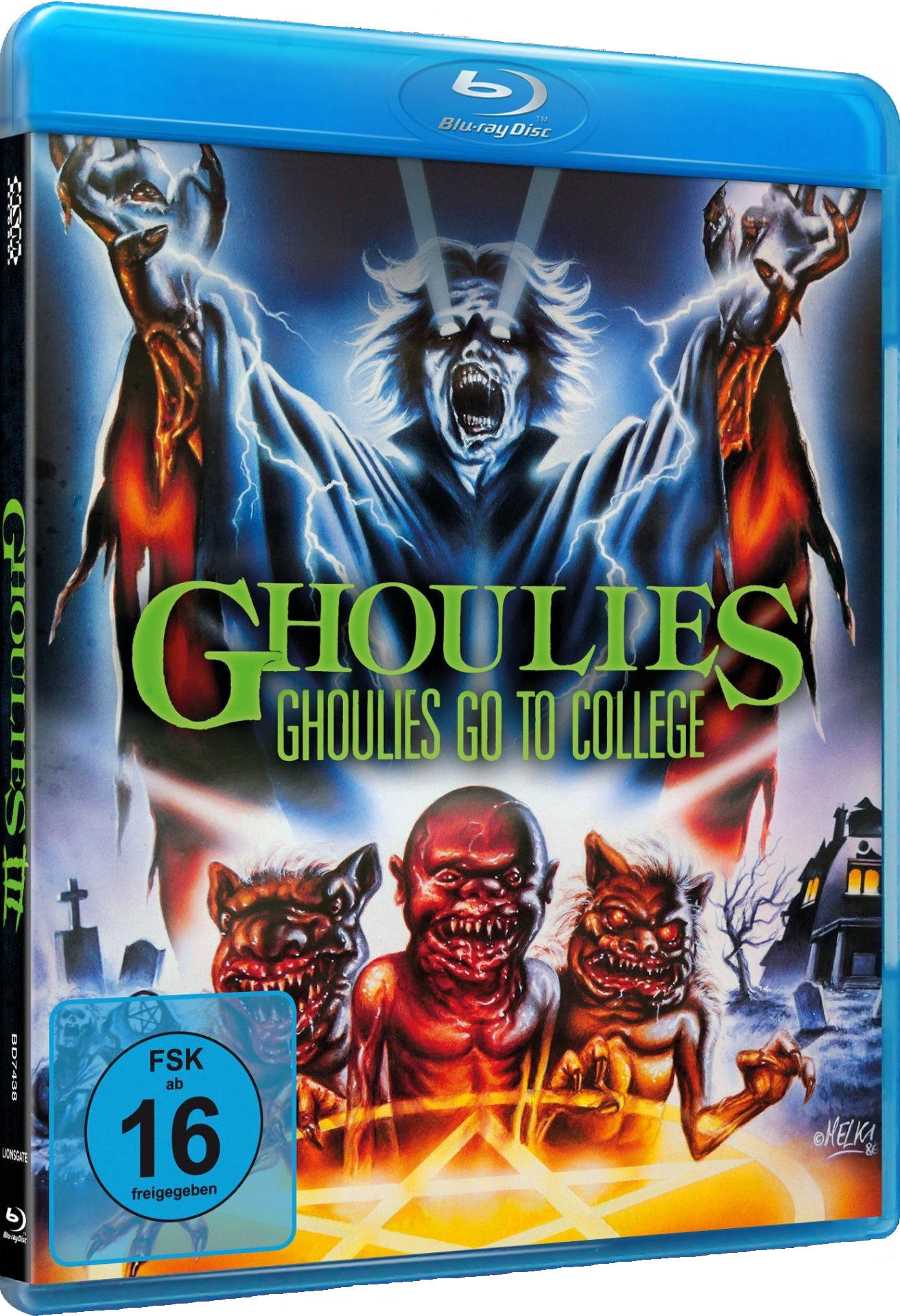 Blu-ray-Disc-Cover für 'Ghoulies III'. Mit Monster-Illustrationen und blauem Hintergrund.