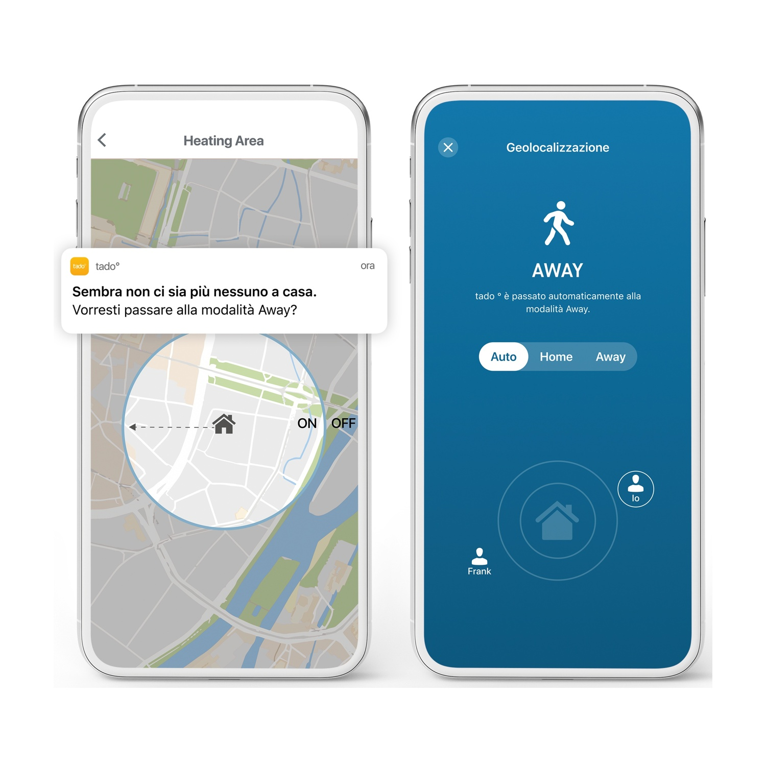 Due schermate di telefoni cellulari che mostrano un'app per la casa intelligente. L'app controlla il riscaldamento, con una mappa.