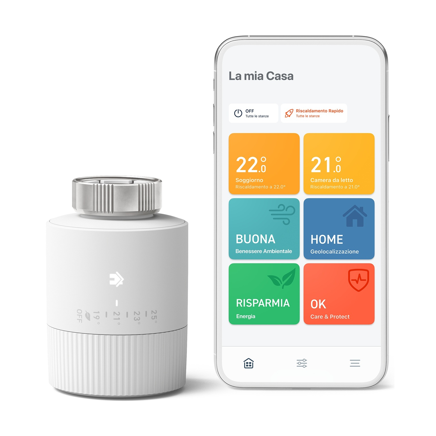 Termostato per la casa intelligente con uno smartphone che mostra l'interfaccia dell'app per i controlli della temperatura.
