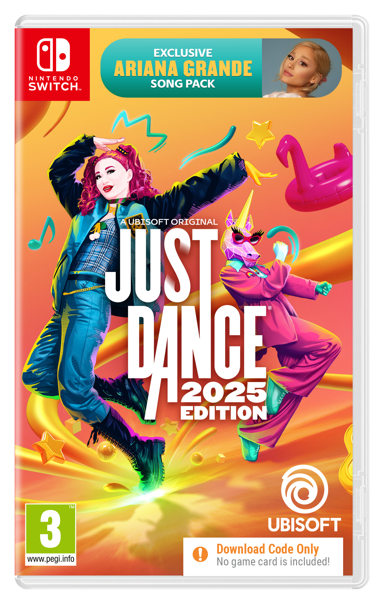 Just Dance 2025 Edition für Nintendo Switch. Charaktere tanzen auf dem Cover mit Ariana Grande.