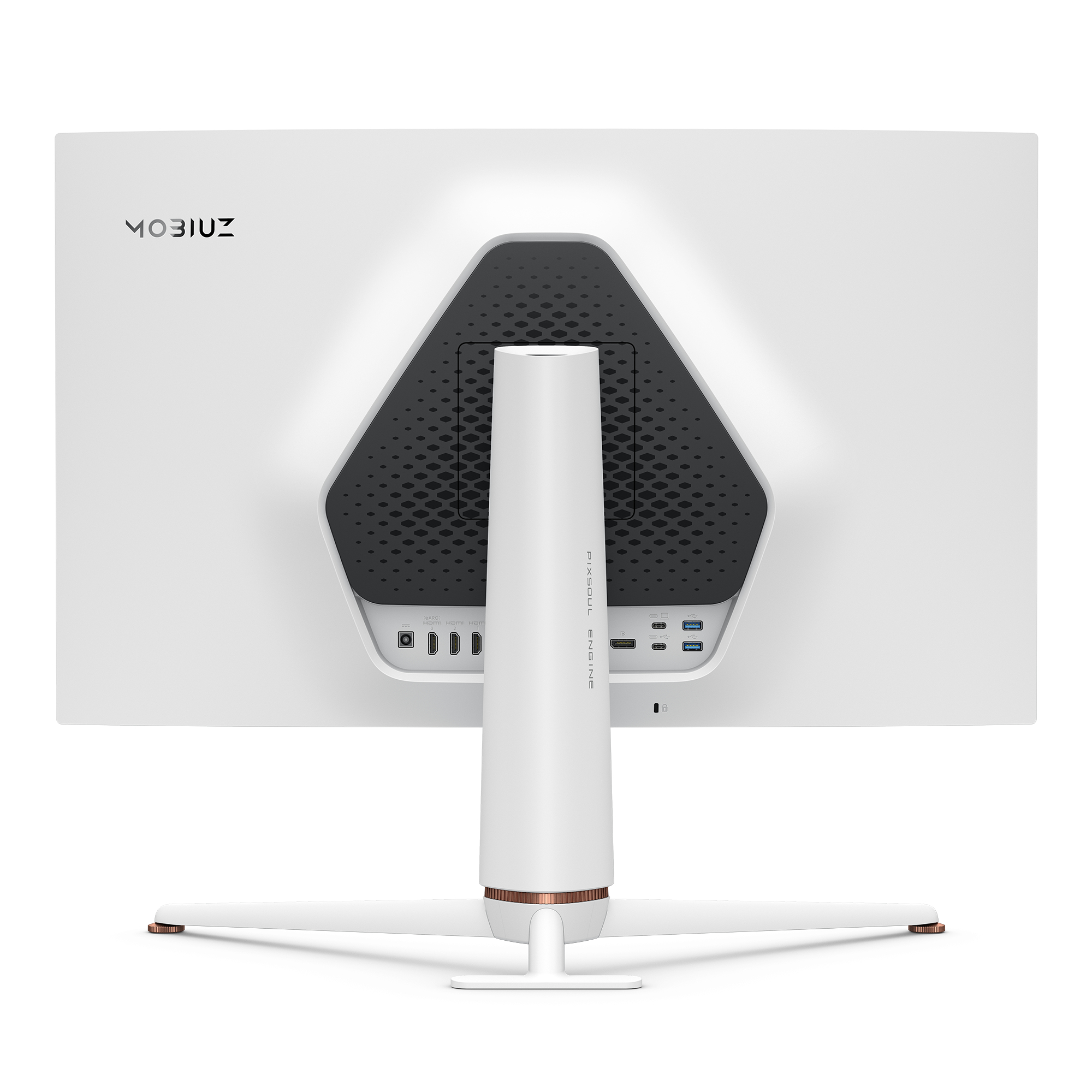 Rückansicht eines weißen Computermonitors mit Ständer. Mobius-Logo und Anschlüsse sichtbar.