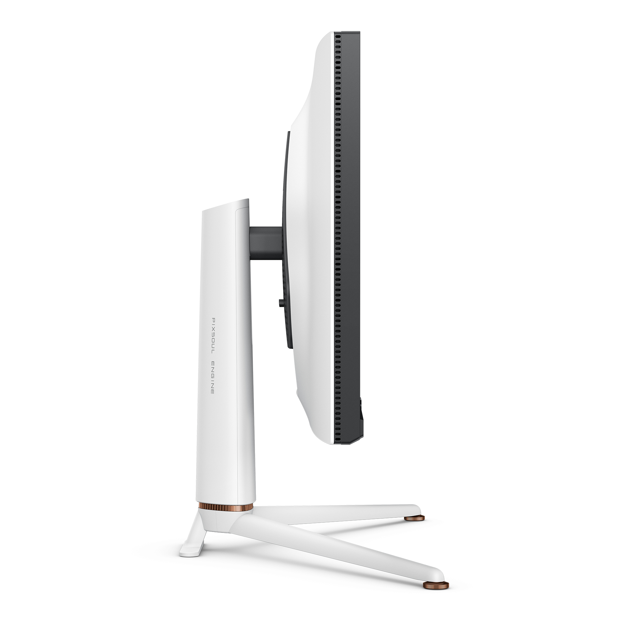 Ein weiß-schwarzer Computermonitor, Seitenansicht. Er hat einen Ständer mit weißer Basis.