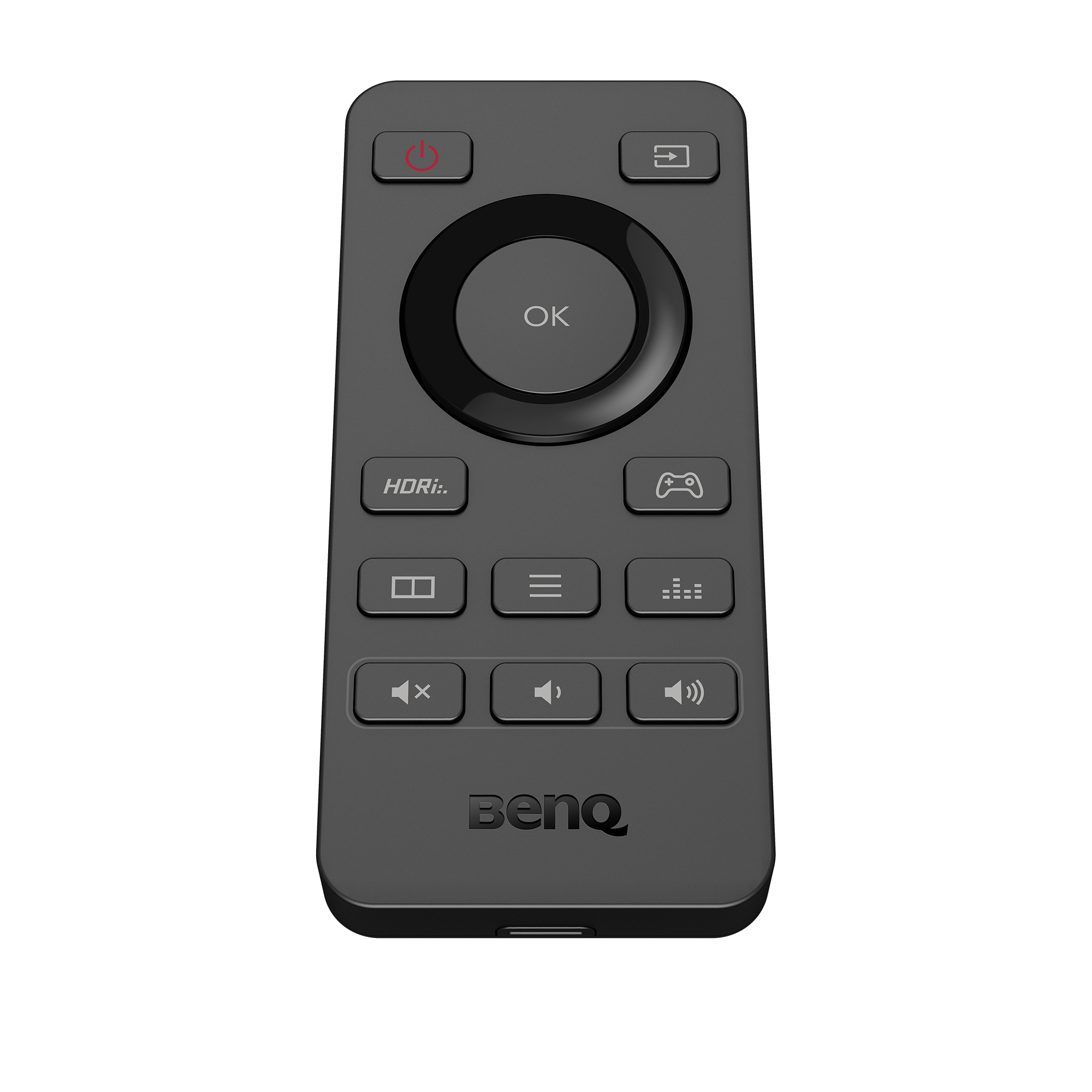 Schwarze BenQ-Fernbedienung. Tasten für Ein/Aus, Lautstärke und andere Funktionen. Weißer Hintergrund.
