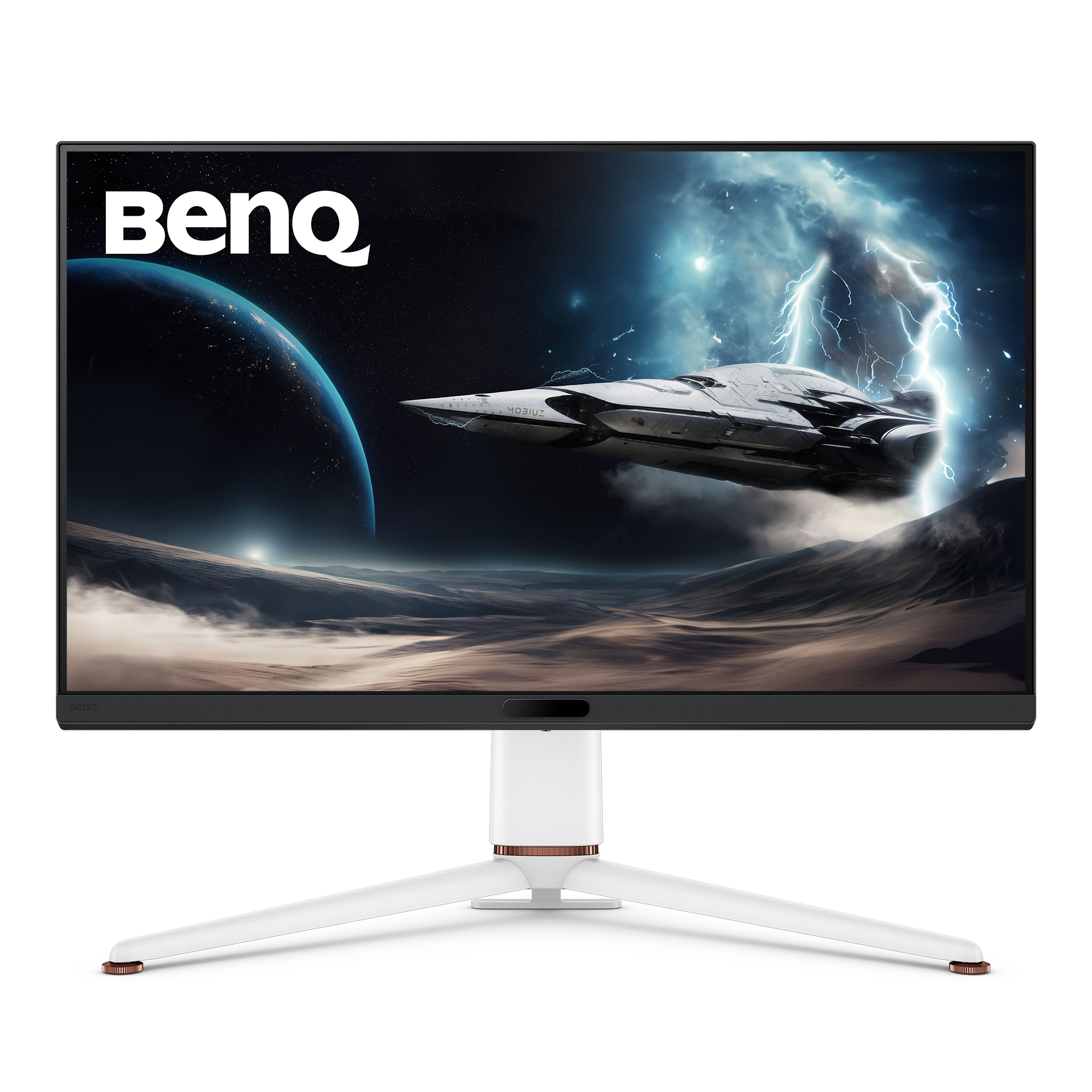 BenQ Monitor mit weißem Ständer. Zeigt eine Weltraumszene mit Raumschiff und Blitzen.