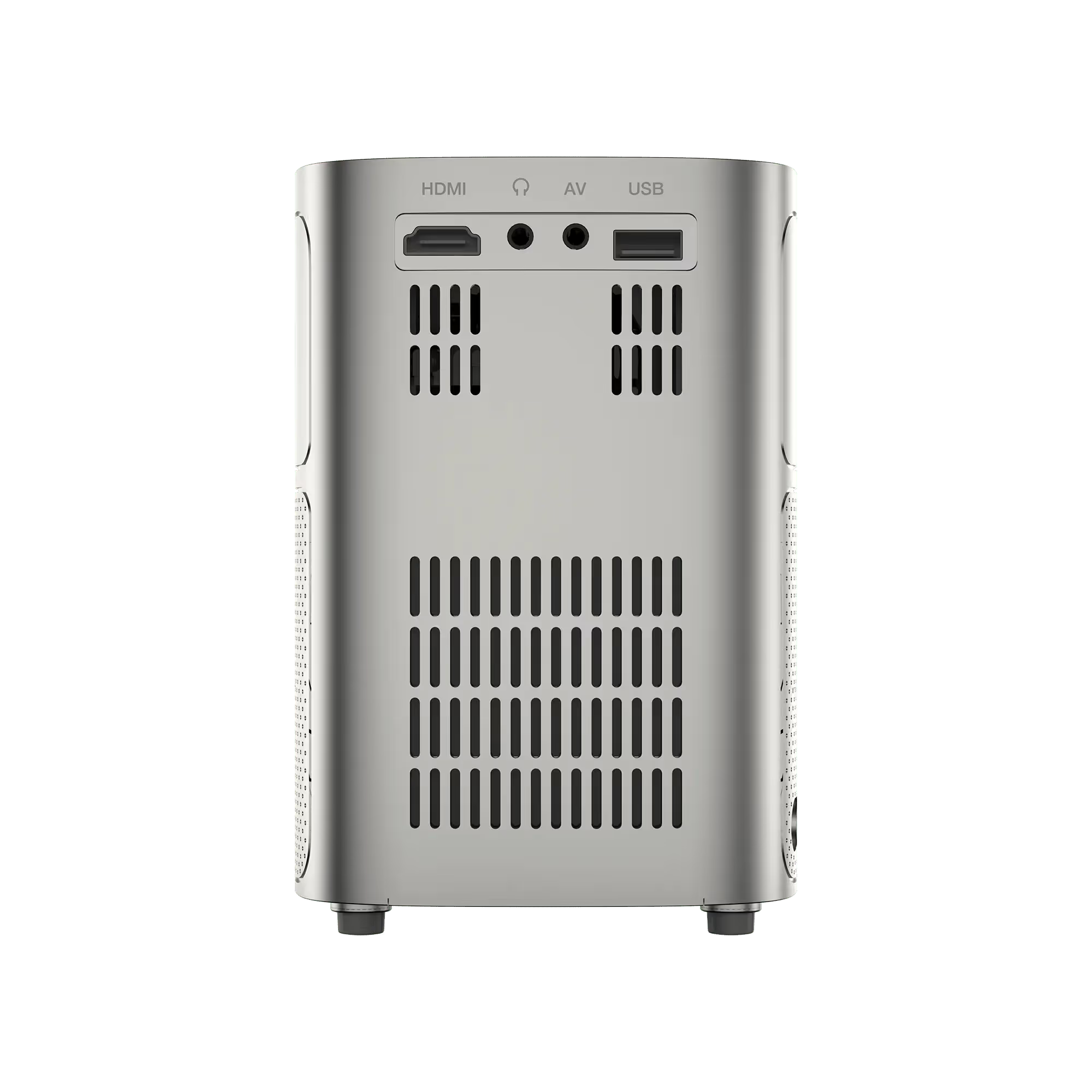 Silberner Projektor-Rückseite mit HDMI-, AV- und USB-Anschlüssen und Lüftungsgittern.