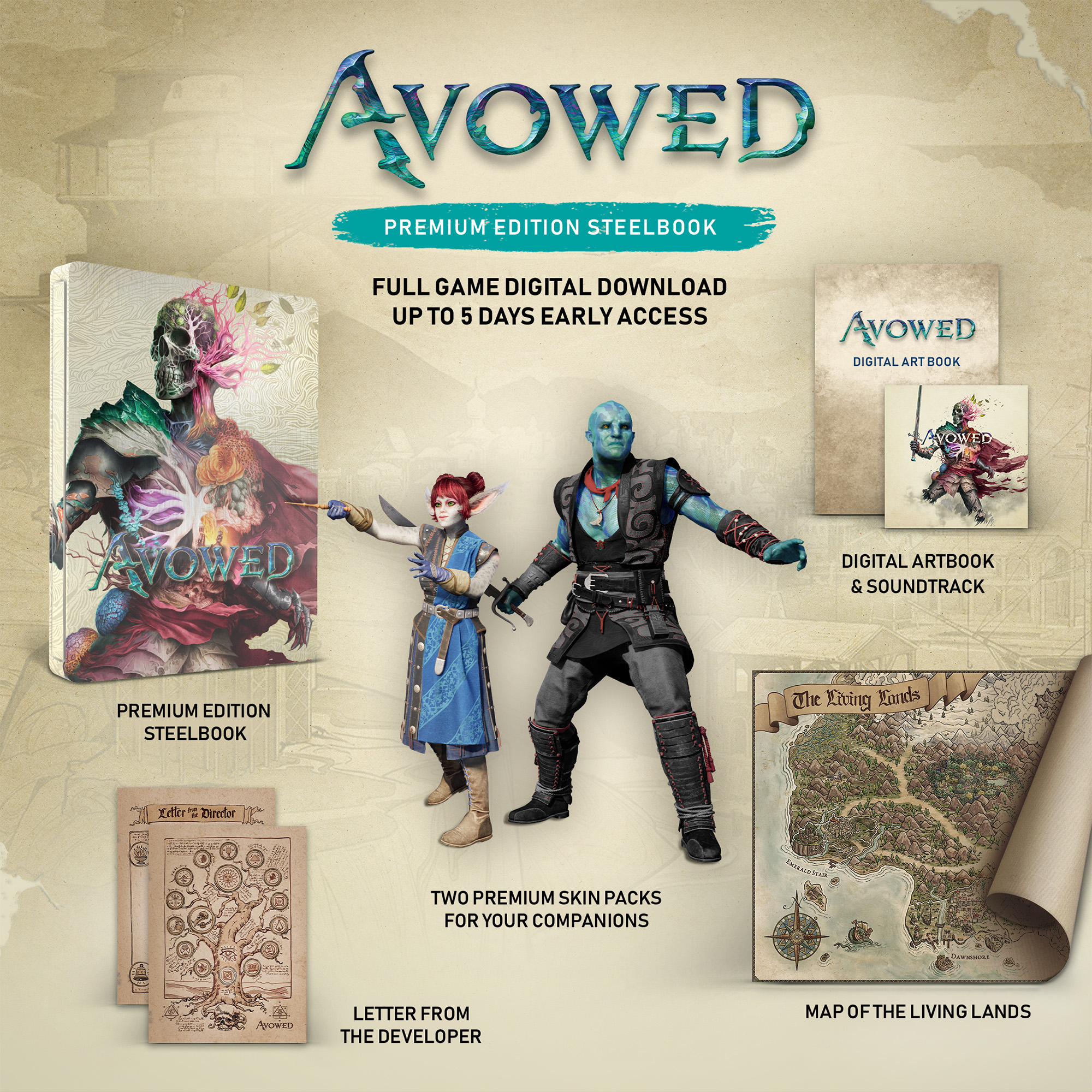 Avowed-Spielbox-Set mit Figuren und Karte.