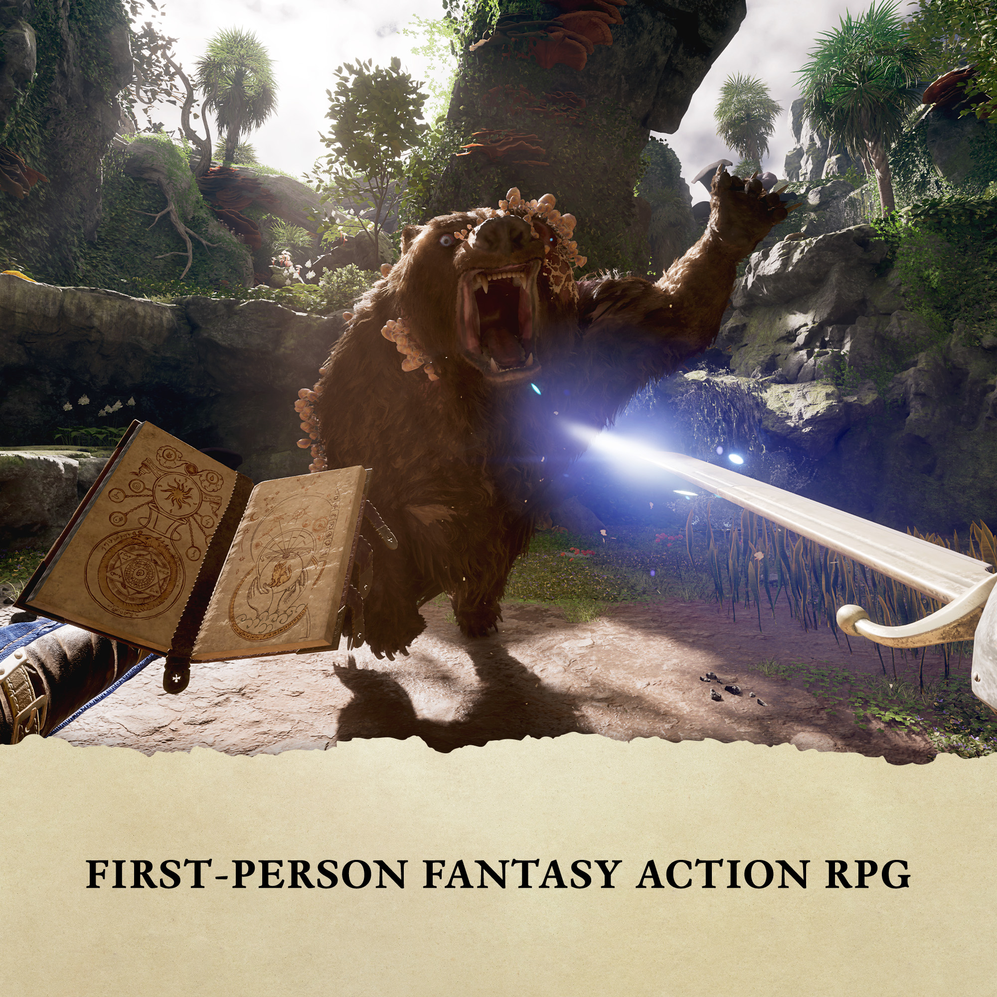 Eine Fantasieszene eines Bären, der eine Person mit einem Schwert angreift, mit dem Text 'FIRST-PERSON FANTASY ACTION RPG'.