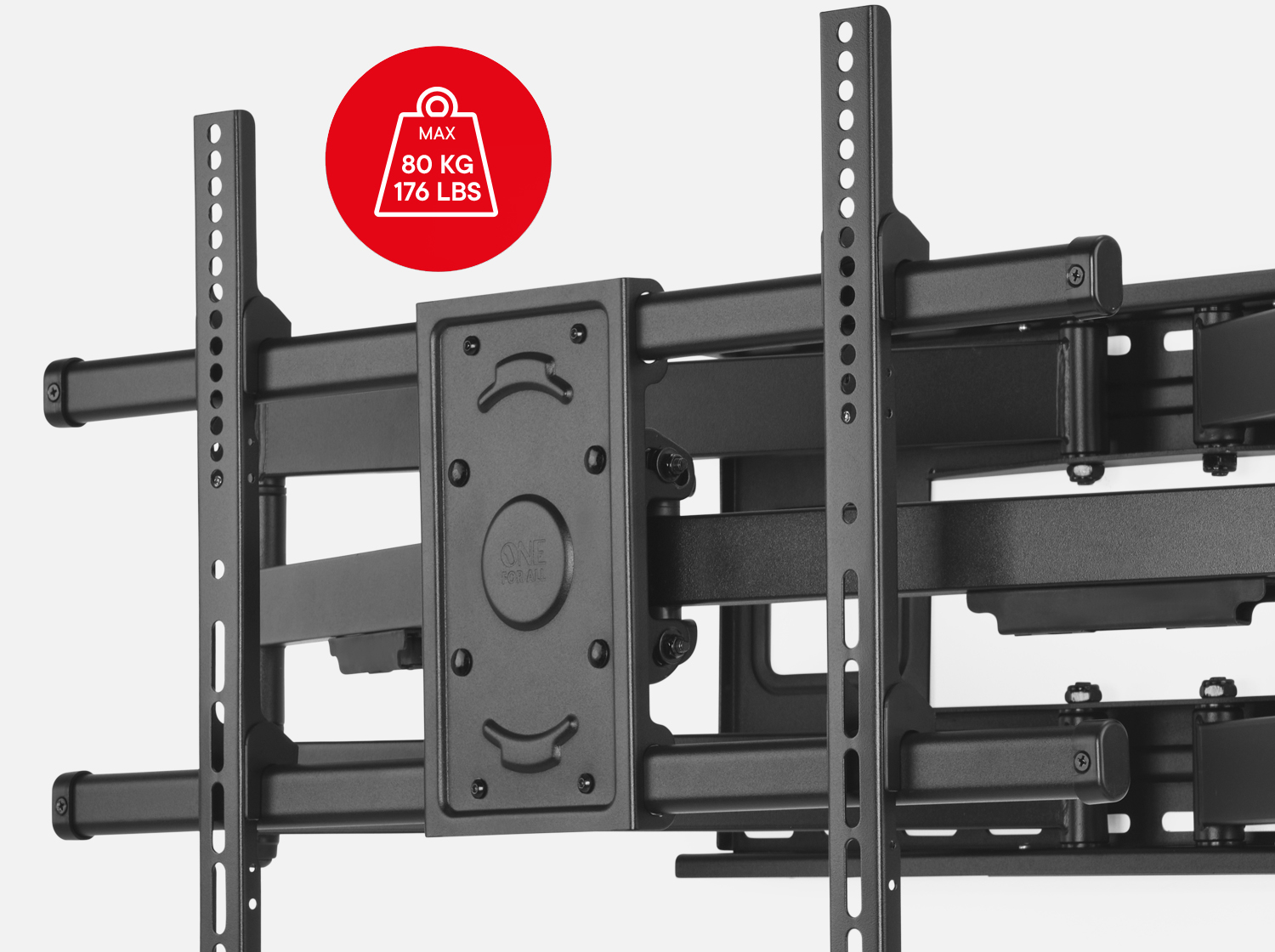Un support TV noir avec un cercle rouge indiquant un poids maximum de 80 kg/176 lbs.