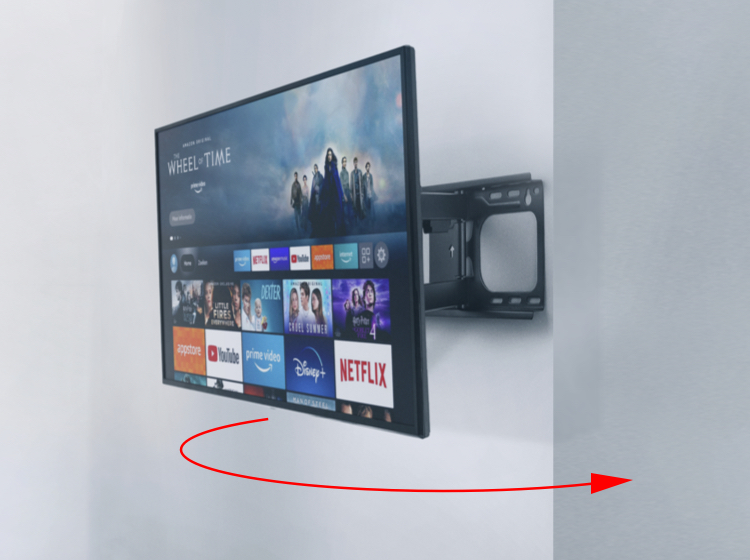 Téléviseur monté sur un mur, avec une flèche rouge indiquant sa direction de mouvement.