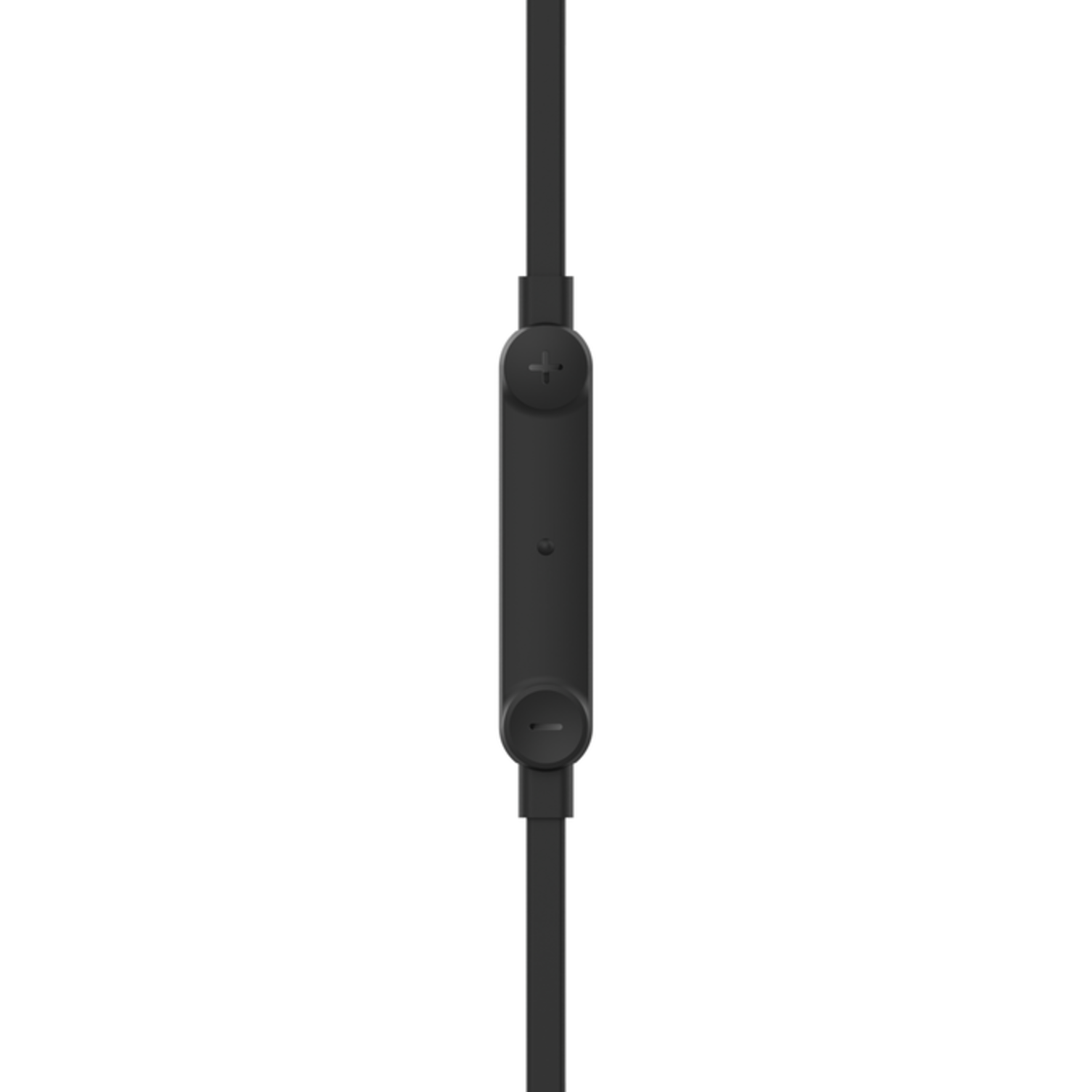 Télécommande en ligne noire avec boutons de volume sur un câble noir, gros plan.