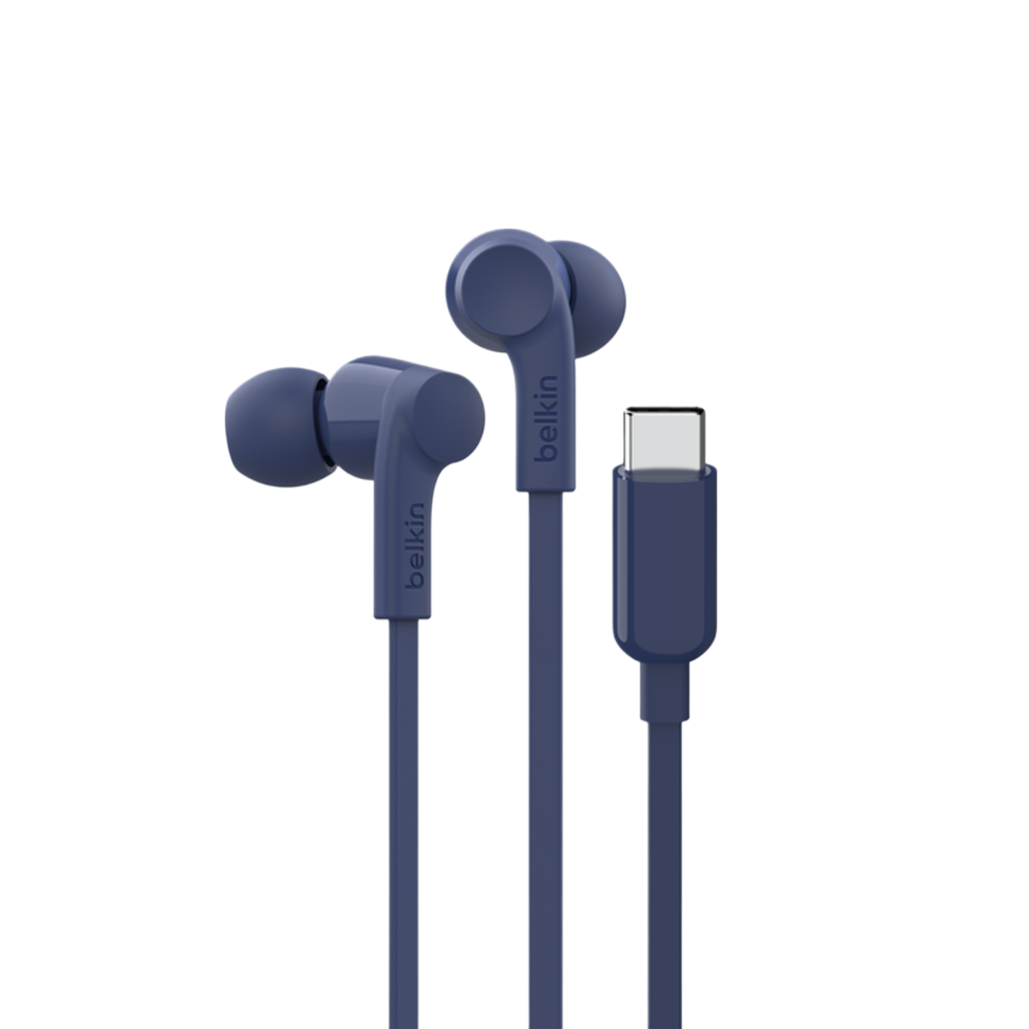 Blauwe Belkin oordopjes met een USB-C-connector. De kabel en oordopjes zijn blauw.