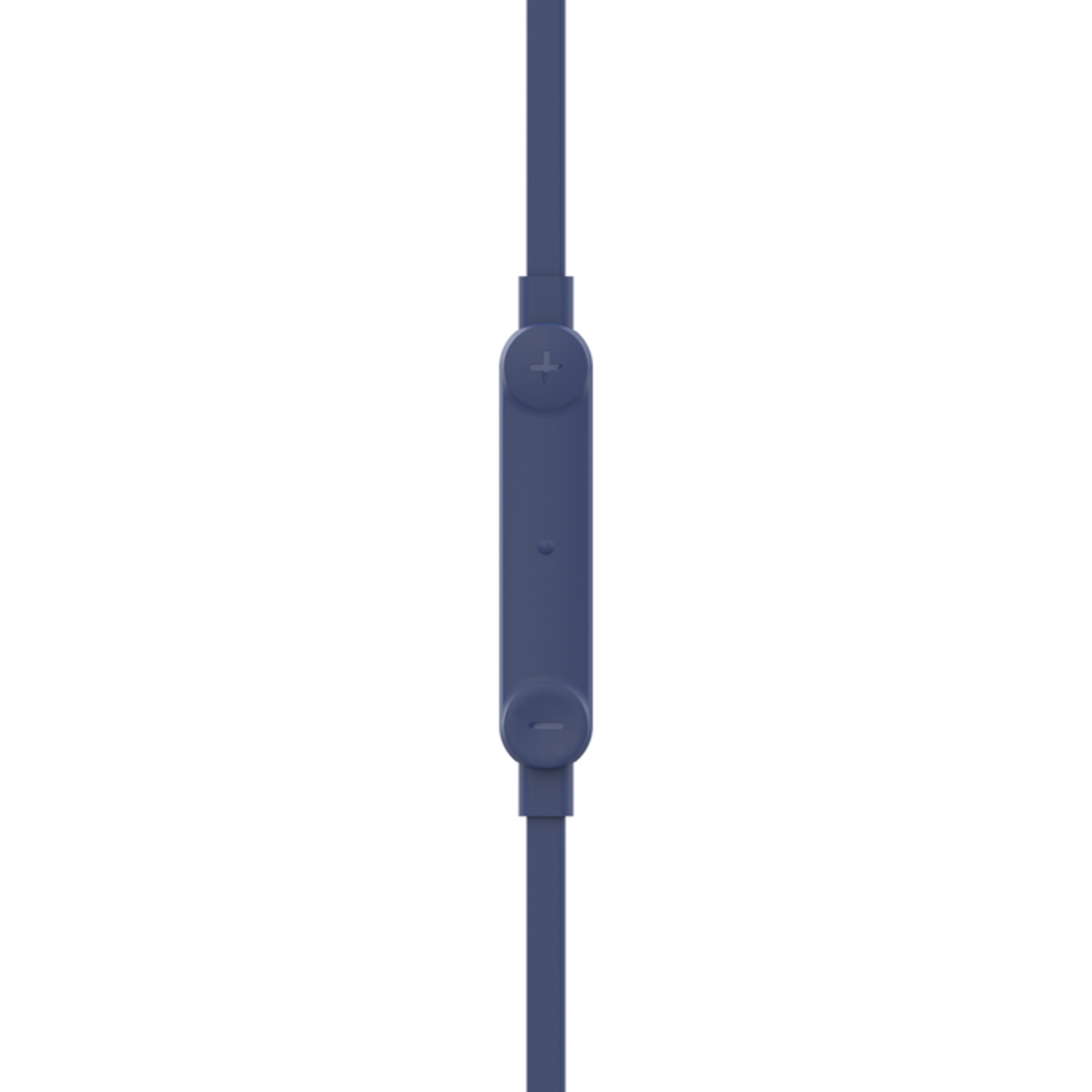 Close-up van een blauwe inline afstandsbediening met plus- en minknoppen.