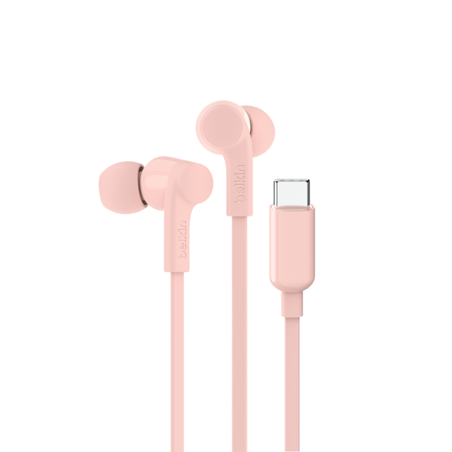 Écouteurs Belkin roses avec un connecteur USB-C et un câble rose, fond noir.