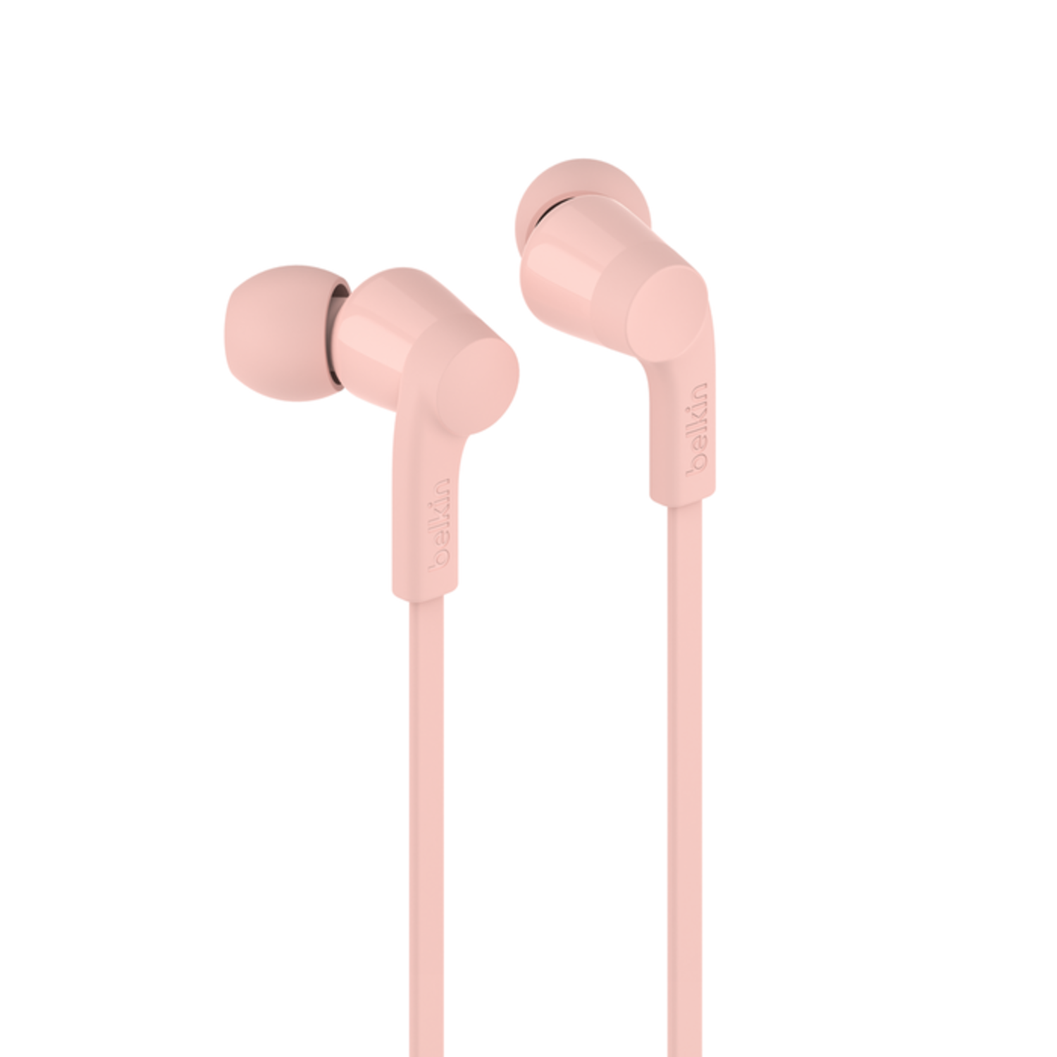 Écouteurs roses sur une surface blanche, logo Belkin visible.