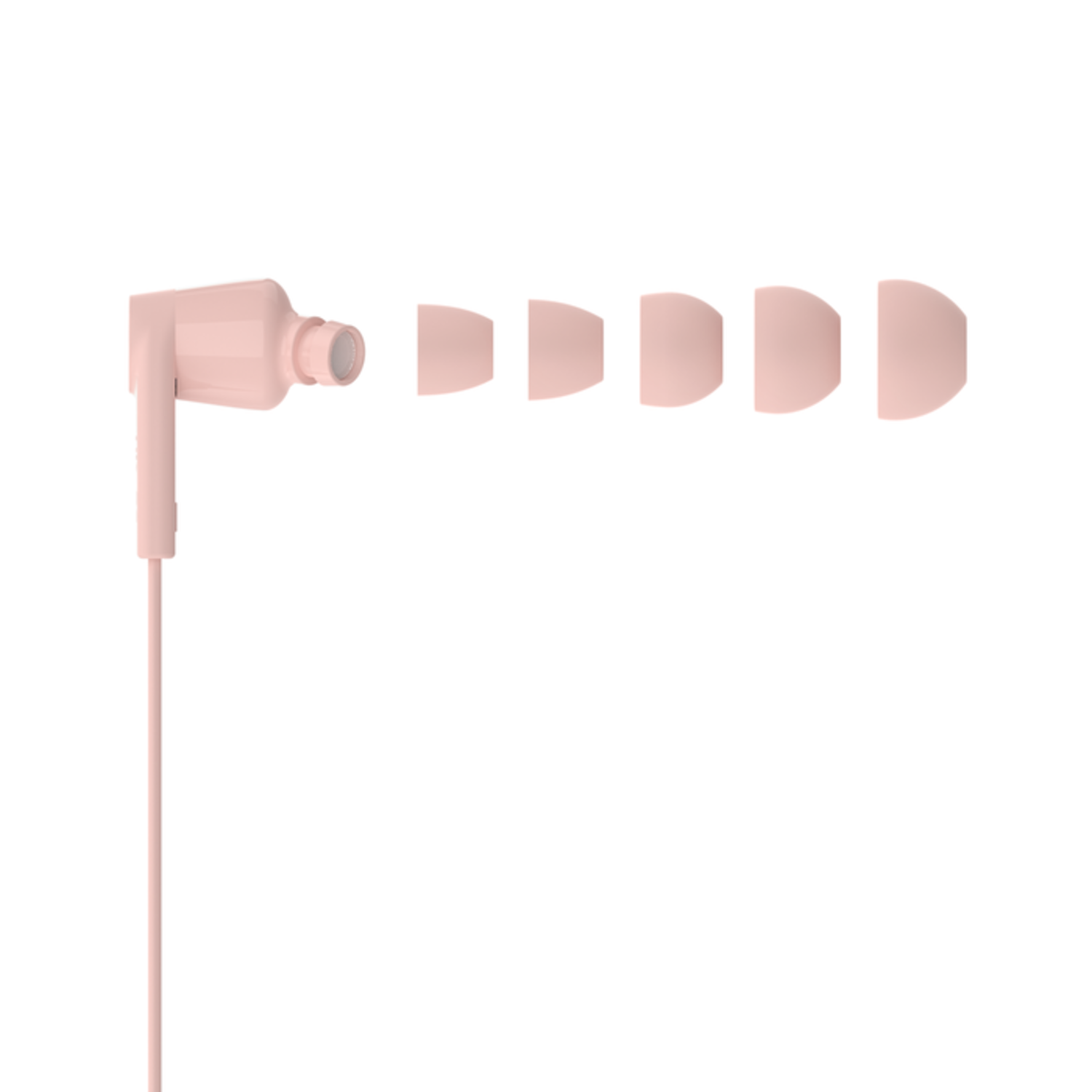 Écouteurs roses avec plusieurs embouts, câble et prise, isolés sur fond blanc.