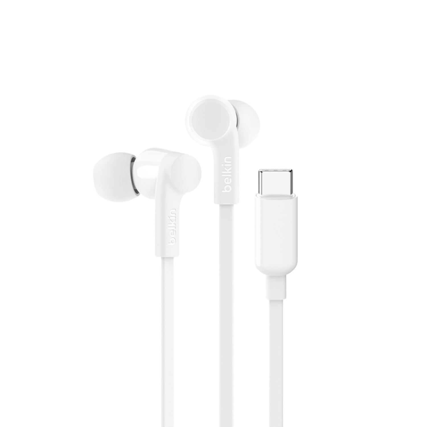 Witte oortelefoons met een witte kabel en een USB-C-connector.