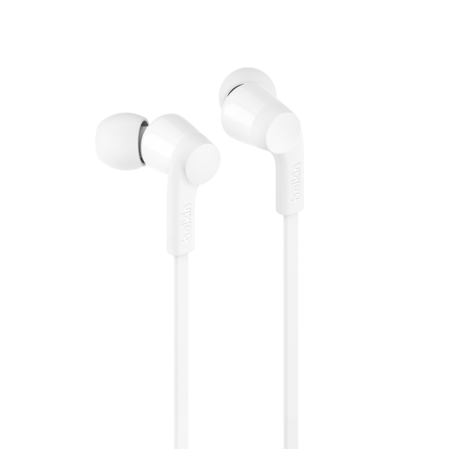 Witte Belkin oortelefoons. Twee oortelefoons met witte snoeren.