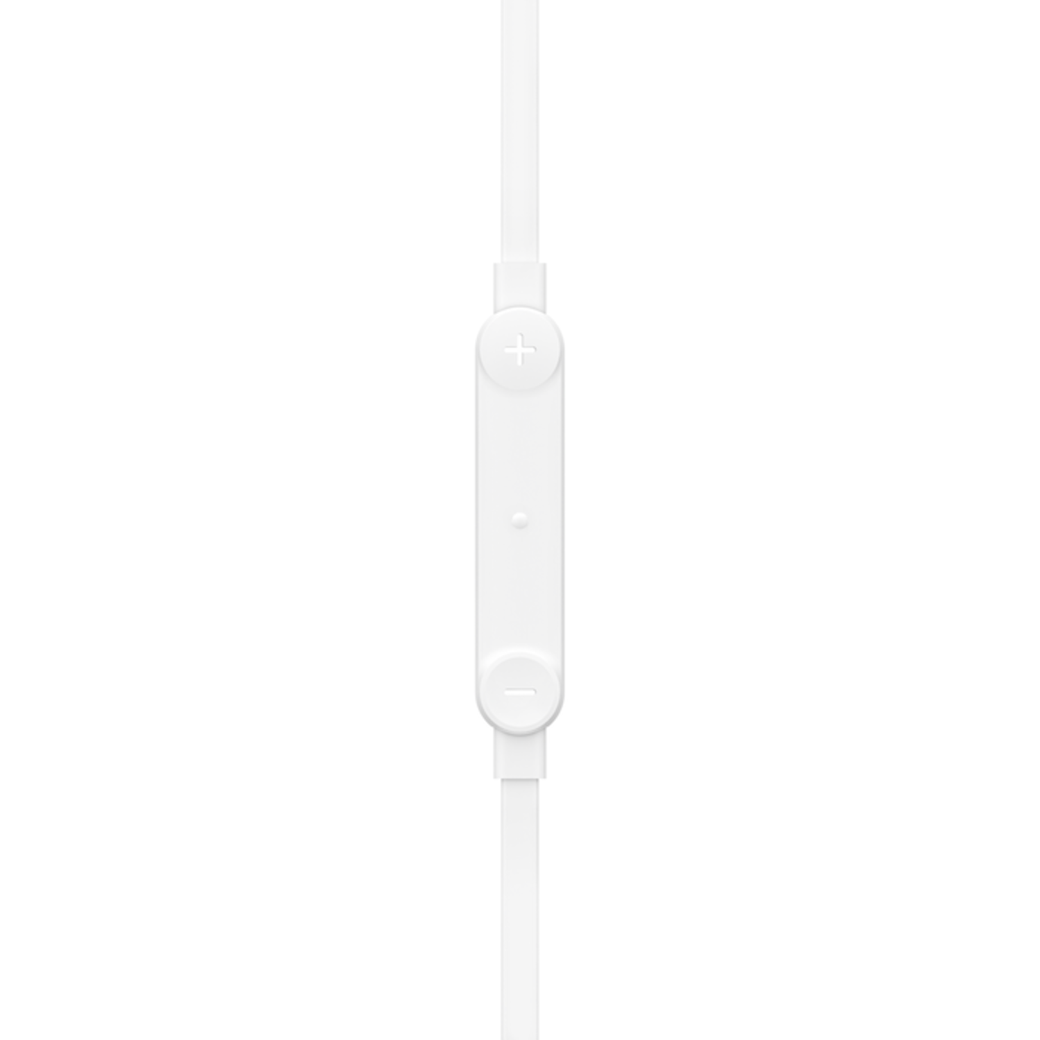 Een wit bedieningspaneel van een oortelefoondraad met plus- en minknoppen en een middelste knop.