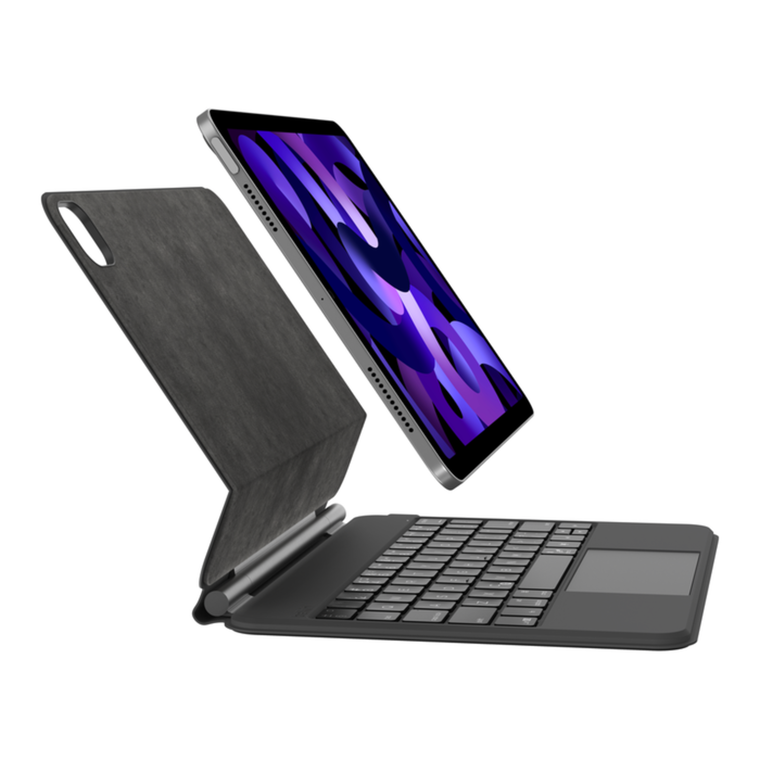 Tablet, keyboard, and stylus. Tablet is purple, keyboard is black.