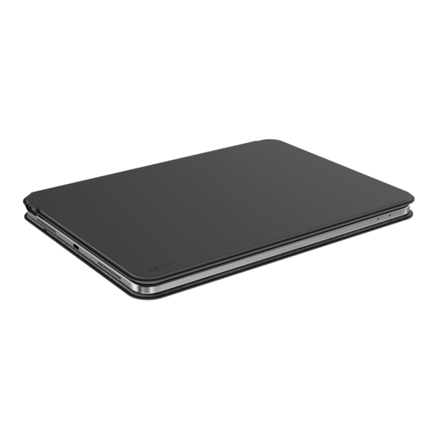 Black tablet case closed. The case is on a white surface. The Belkin logo is visible.